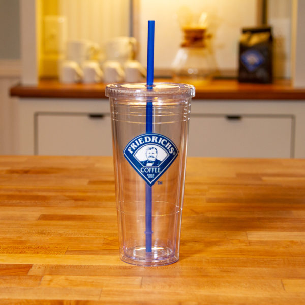 24oz Clear Double Wall Plastic Cup W Lid And Blue Straw Friedrichs Logo Coffee - Clear Double Wall Cups With Lids